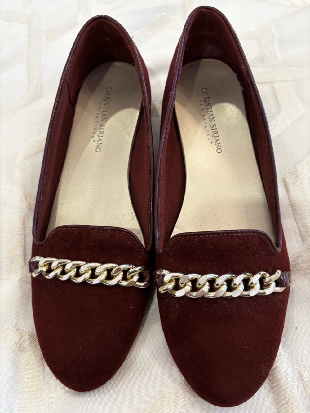 Christian Siriano Burgundy Suede Chain-Trim Loafers